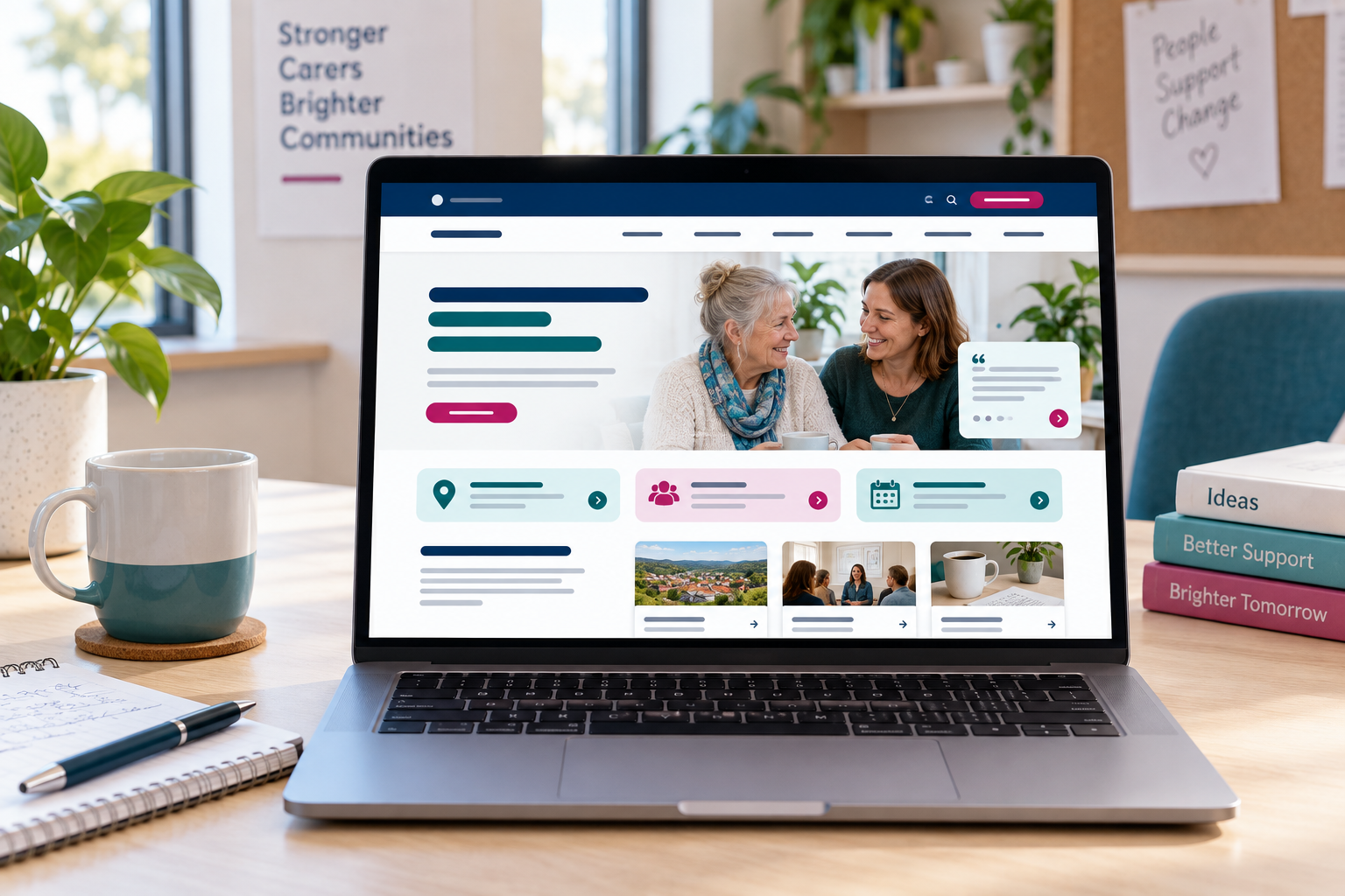 A laptop displaying a modern local carer-service website