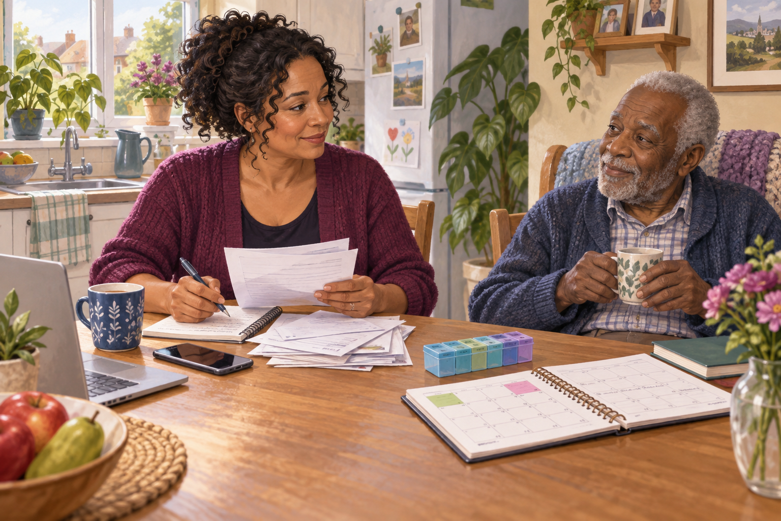 An unpaid carer discussing practical support and rights with an older relative